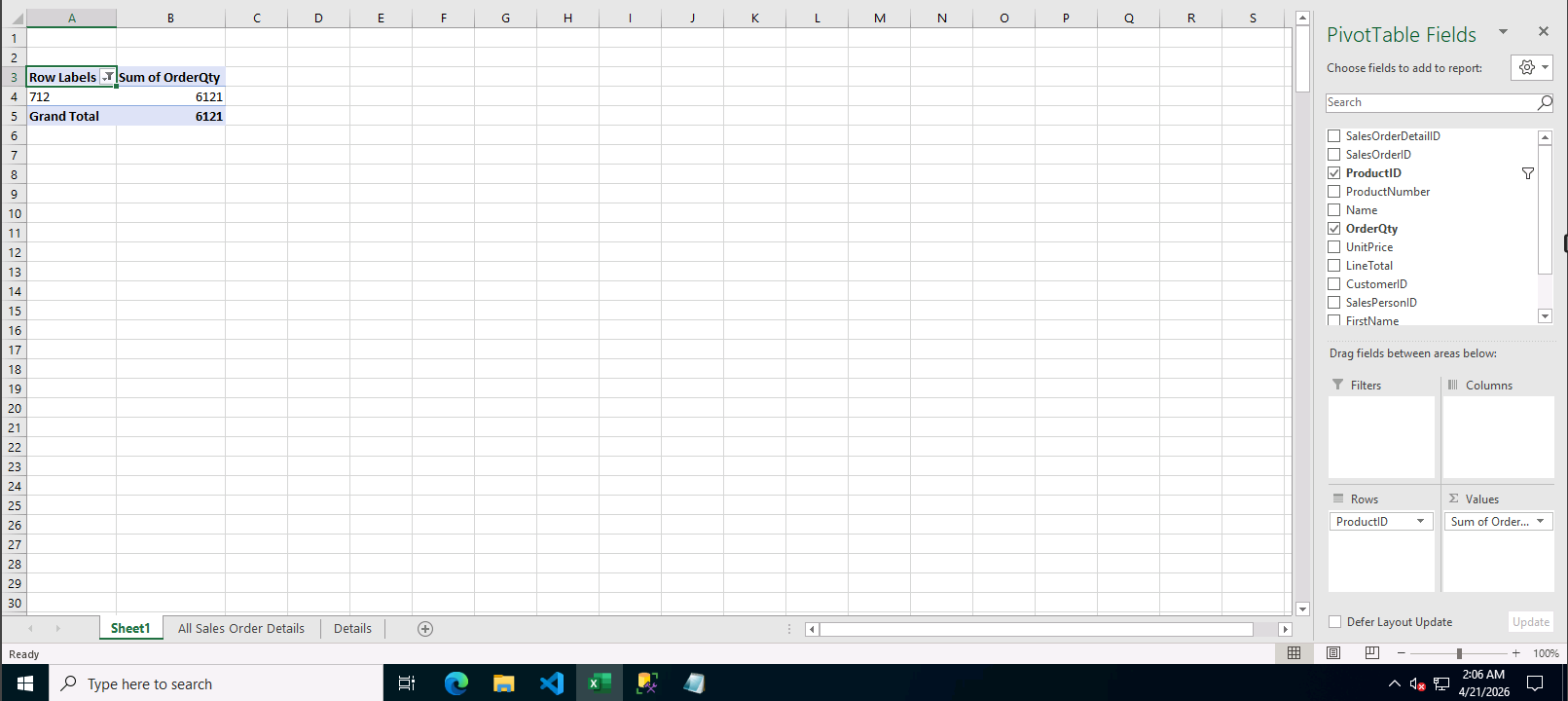 แสดงการจัดวาง Field ใน Pivot Table